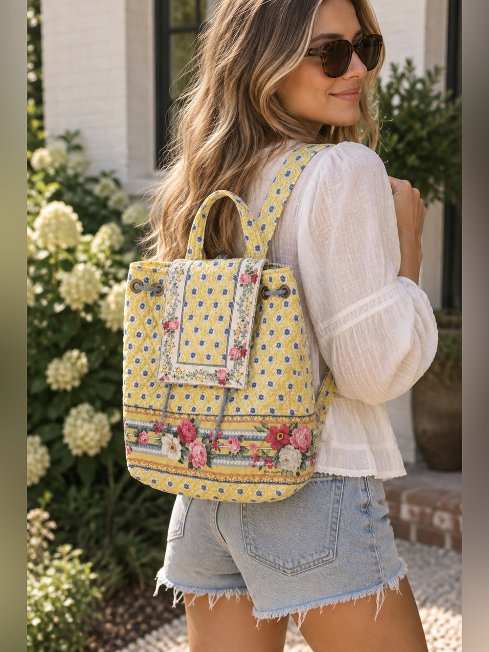 Vintage Vera Bradley Yellow Floral Quilted Backpack Shoulder Bag with Blue Check
